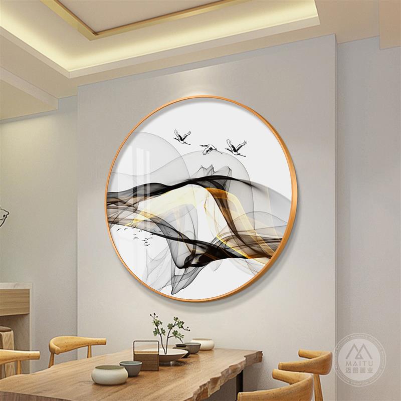 2025新中式发财树圆形玄关装饰画走廊山水餐厅壁画过道书房挂画图片