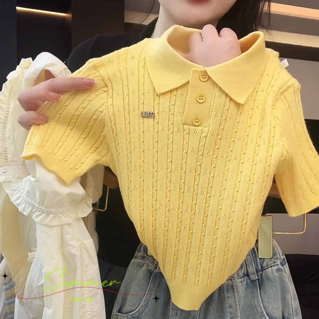 女童POLO领针织短袖夏季2025新款女孩薄款冰丝T恤儿童洋气上衣潮
