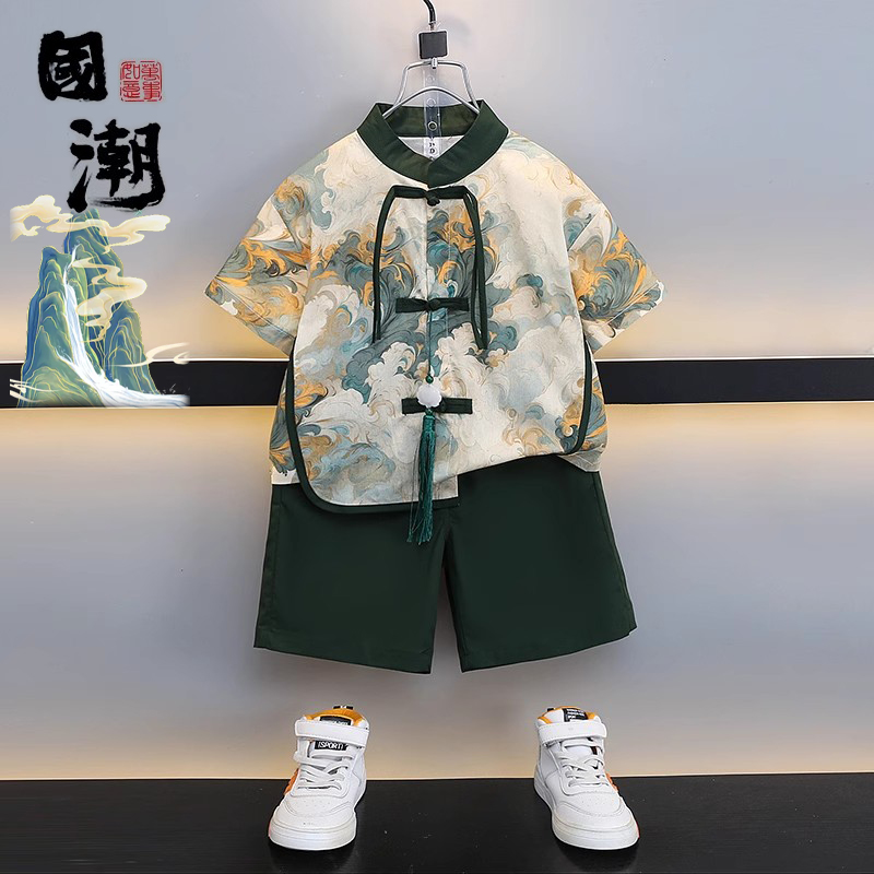 国潮男童夏季中式汉服薄款短袖套装2025新款宝宝表演礼服周岁唐装