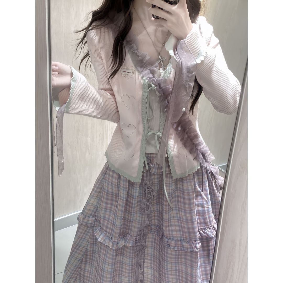 粉色毛衣开衫格纹半身裙两件套装