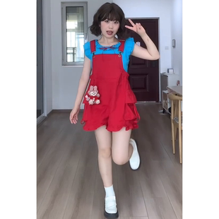 日系可爱减龄少女红色复古背带裤 搭配小清新蓝色上衣短袖 两件套装