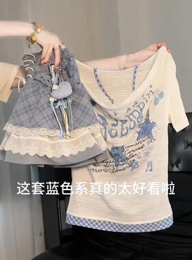 蓝色系格纹挂脖内搭印花短袖上衣复古格纹蕾丝拼接半身裙两件套女