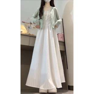 韩系早秋好看穿搭白色蕾丝吊带连衣裙针织开衫 小个子温柔长裙 套装
