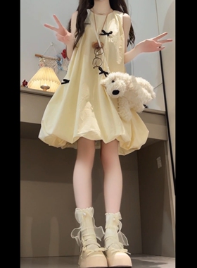 学院风甜美可爱蝴蝶结黄色背心花苞裙女夏日新款小个子宽松连衣裙