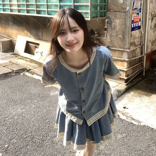 学院风小个子一整套穿搭复古蕾丝拼接牛仔上衣搭配牛仔半身裙套装