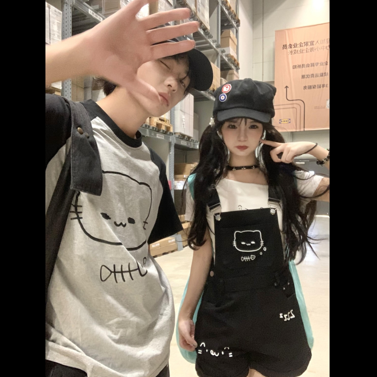 甜美可爱多巴胺背带裤T恤上衣印花背带牛仔短裤女小个子两件套装