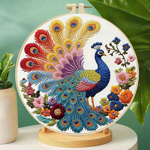 爆款孔雀刺绣DIY材料包 新中式装饰画手工刺绣半成品工厂