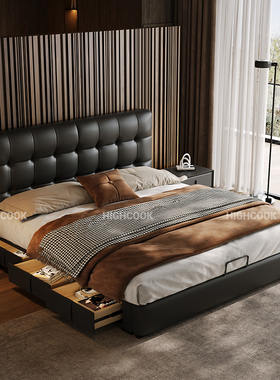 真皮床头层牛皮主卧现代简约2*2.2米储物黑色小户型薄床头1.8双人