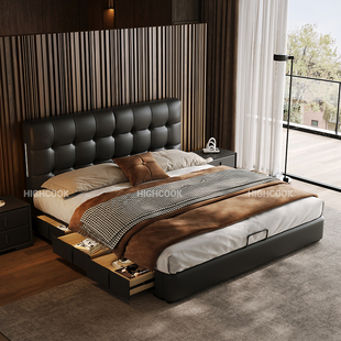 真皮床头层牛皮主卧现代简约2*2.2米储物黑色小户型薄床头1.8双人