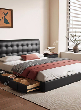 华夫格真皮床头层牛皮主卧现代简约1.8*2米储物黑色小户型1.5双人