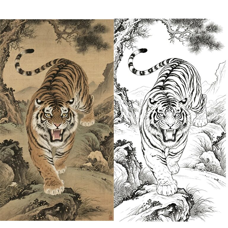 工笔画底稿工笔虎白描11#打印稿 宣纸稿学习临摹