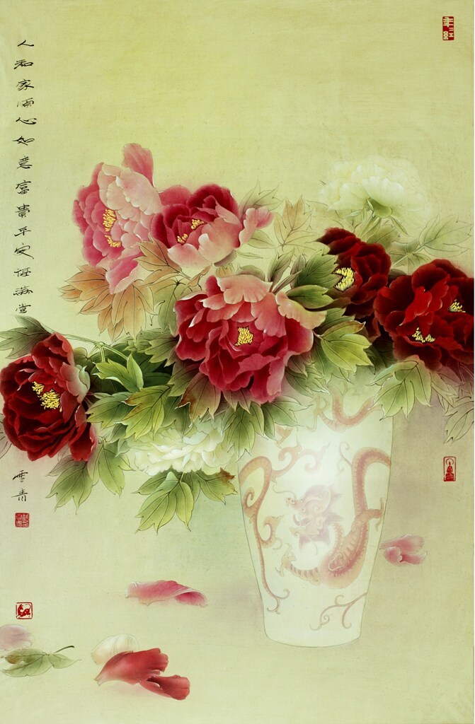 工笔画底稿龚雪青工笔牡丹花瓶白描50#打印稿学习临摹