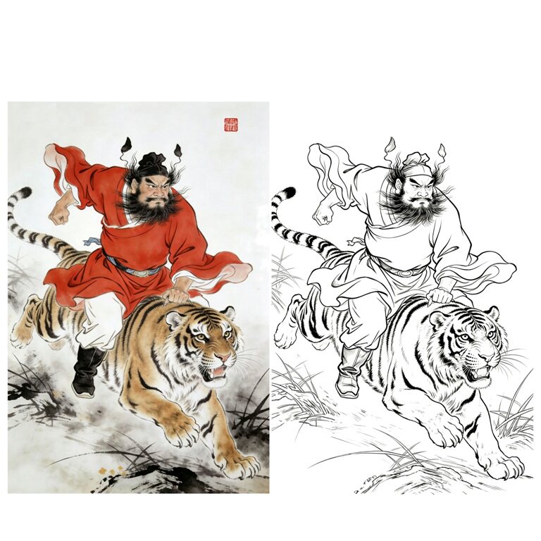 工笔画底稿人物工笔钟馗伏虎图竖幅白描16#打印稿宣纸稿