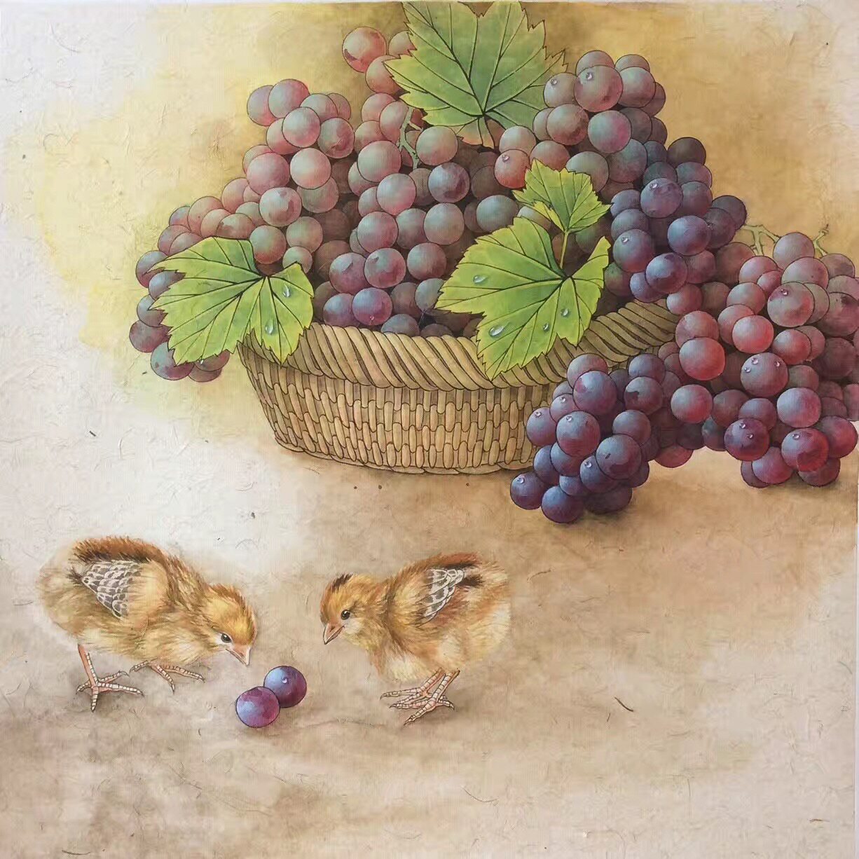 工笔画底稿75#葡萄小鸡斗方白描打印稿 宣纸稿