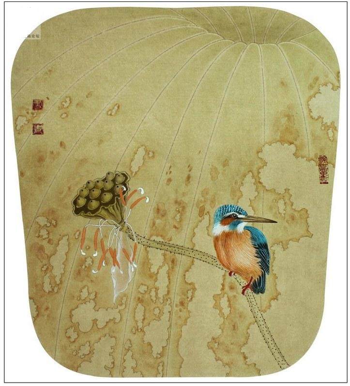 工笔国画底稿 荷塘翠鸟斗方白描7#打印稿毛笔勾线宣纸稿