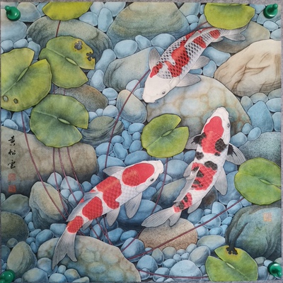 画家黄河工笔画鲤鱼作品石来运转-玉池锦翔4尺斗方宣纸本悬挂装饰