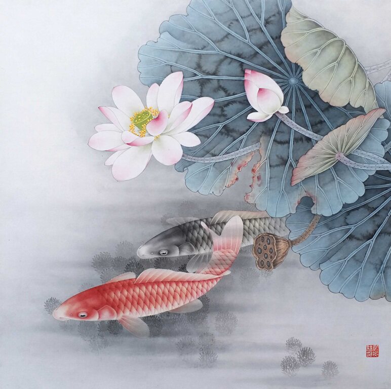 工笔画底稿 荷花鲤鱼斗方6#白描打印稿毛笔勾线宣纸稿