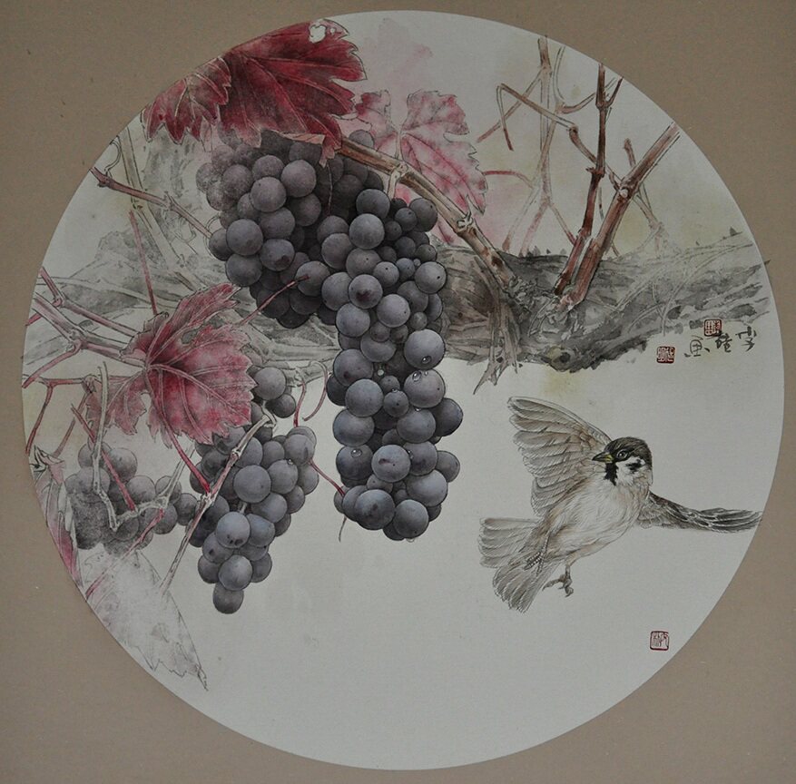 工笔画底稿葡萄麻雀团扇白描打印稿 直接上色宣纸稿31