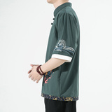 风春夏款锦鲤刺绣拼接盘扣五分袖宽松衬衫男A087-1-YM953-P65，男装T恤，电商A087-1