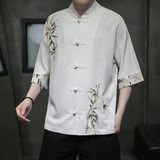 新中式亚麻盘扣五分袖衬衫竹叶刺绣拼接古装衬衣A087-1-YM616-P75，男装T恤，电商A087-1