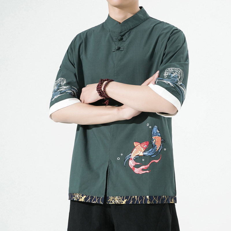 风春夏款锦鲤刺绣拼接盘扣五分袖宽松衬衫男A087-1-YM953-P65,男装T恤,电商A087-1