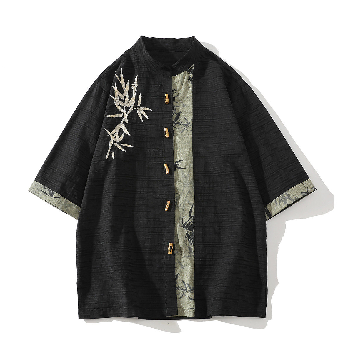 新中式竹扣竹叶刺绣棉麻五分袖提花面料古装衬衫A087-1-YM718-P75，男装T恤，电商A087-1