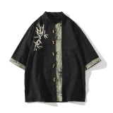 新中式竹扣竹叶刺绣棉麻五分袖提花面料古装衬衫A087-1-YM718-P75，男装T恤，电商A087-1