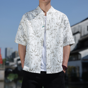 新中式石扣金竹提花短袖透气衬衫暗扣V领宽松衣A087-1-YM656P75,灰色牛仔衣搭配什么颜色裤子好看图片
