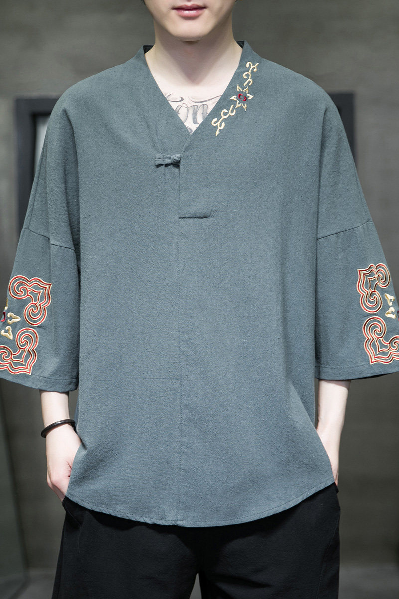 风2023新款复古刺绣V领盘扣T恤古风七分袖男A087-1-YM617-P55,男装T恤,电商A087-1