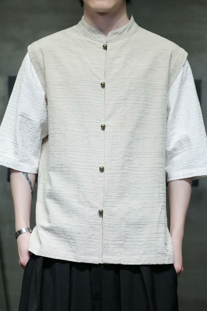 新中式圆领铜扣拼接五分袖透气棉麻假两件衬衫男A087-1-YM720-P65,男装T恤,电商A087-1