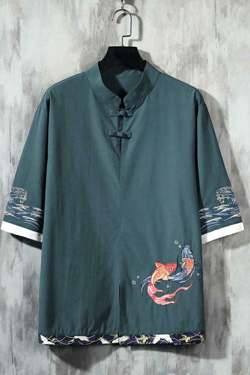 风春夏款锦鲤刺绣拼接盘扣五分袖宽松衬衫男A087-1-YM953-P65，男装衬衫，电商A087-1