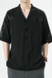 新中式风夏款拼接盘扣宽松汉服唐装短袖T恤A087-1-YM951-P55，男装T恤，电商A087-1
