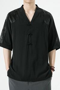 新中式风夏款拼接盘扣宽松汉服唐装短袖T恤A087-1-YM951-P55图片