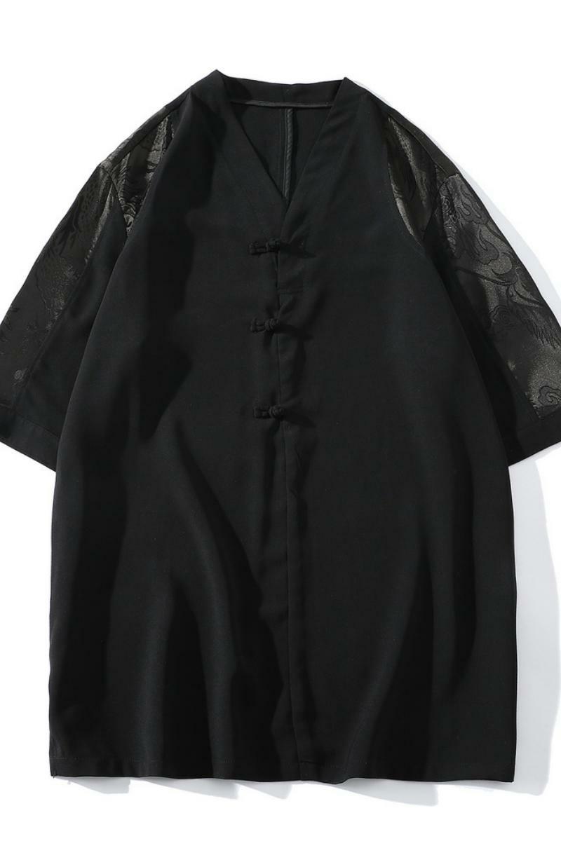 2025风春夏款拼接盘扣宽松汉服唐装短袖T恤A087-1-YM951-P55,男装T恤,电商A087-1