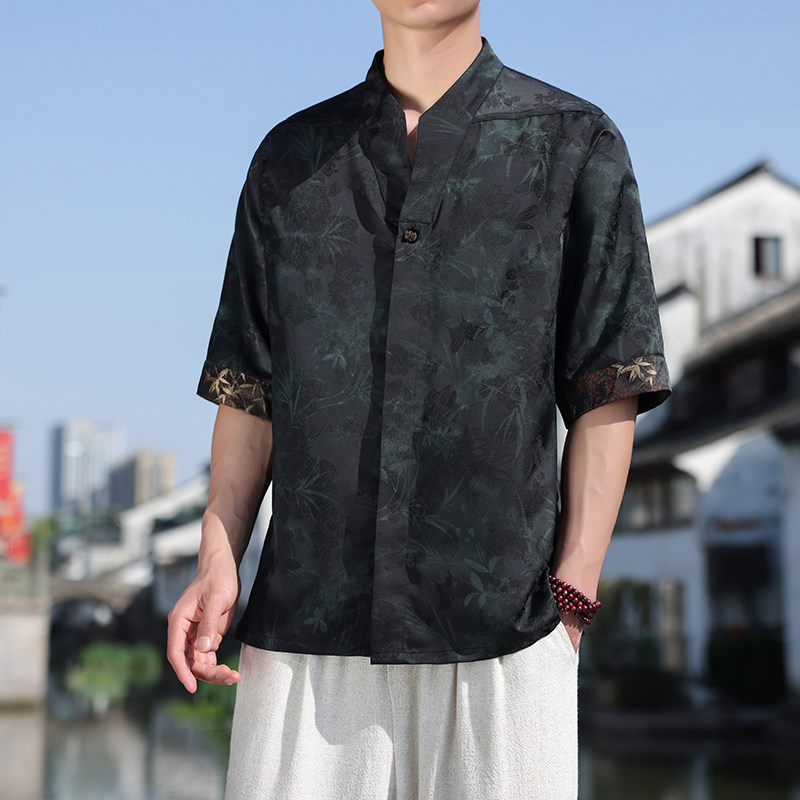 新中式半袖宽松落肩盘扣交领衬衫大气金竹短袖A087-1-YM665P75,男装T恤,电商A087-1