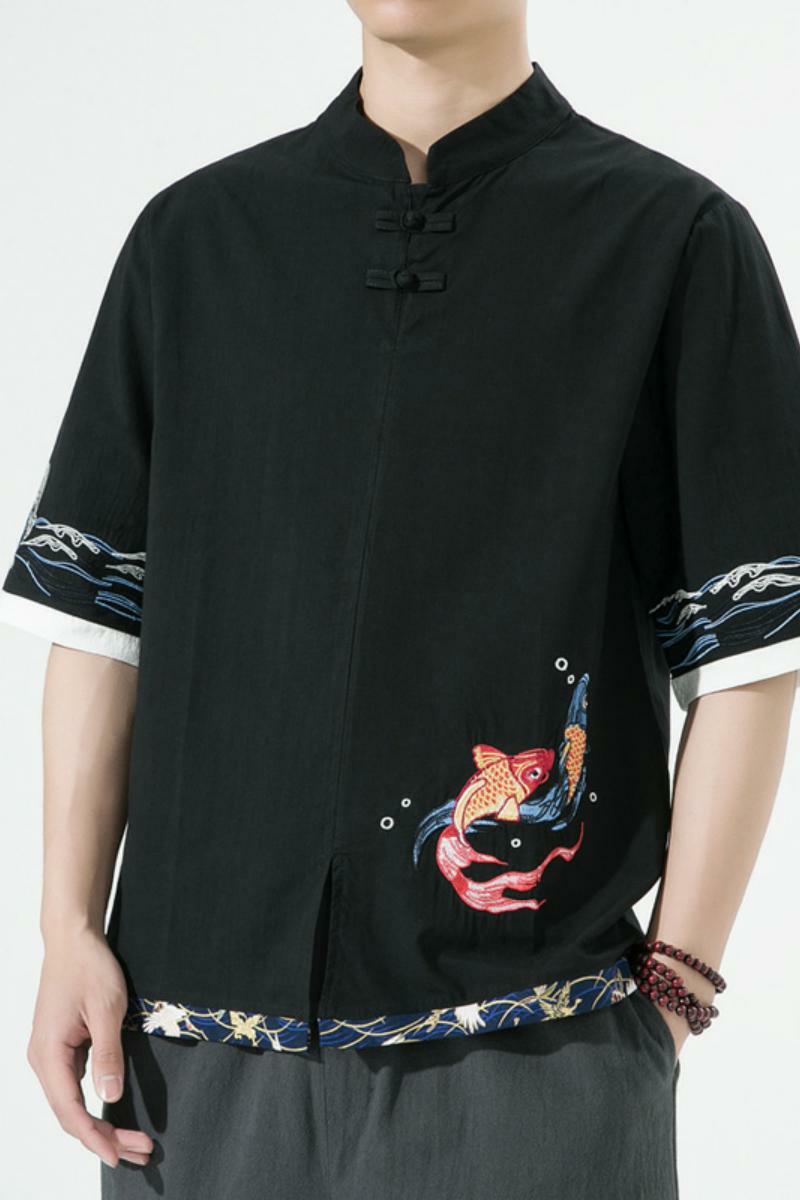 风春夏款锦鲤刺绣拼接盘扣五分袖宽松衬衫男A087-1-YM953-P65,男装T恤,电商A087-1