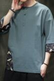 风2023大码拼接圆领盘扣五分袖宽松T恤4031-YM932-P45控55，男装T恤，电商A087-1