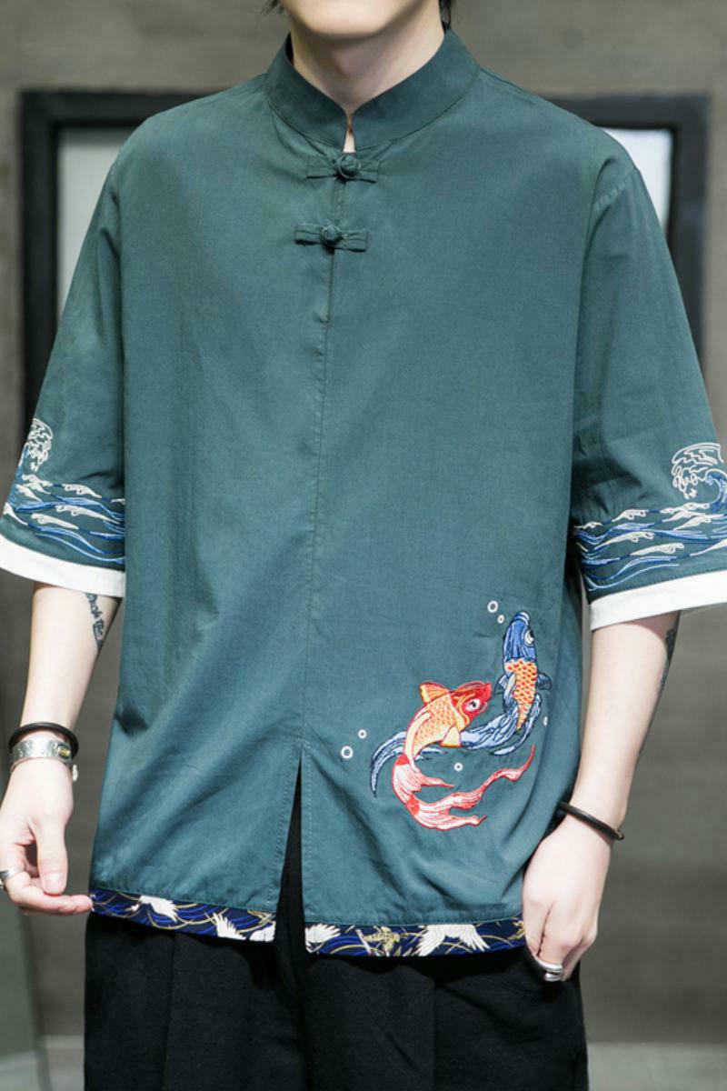 风春夏款锦鲤刺绣拼接盘扣五分袖宽松衬衫男A087-1-YM953-P65,男装T恤,电商A087-1