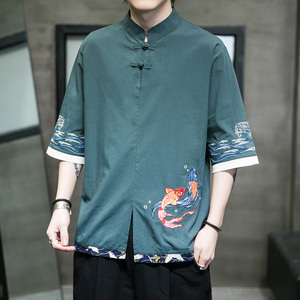 风春夏款锦鲤刺绣拼接盘扣五分袖宽松衬衫男A087-1-YM953-P65,男装T恤,电商A087-1