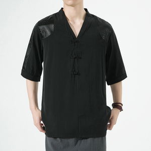 新中式风夏款拼接盘扣宽松汉服唐装短袖T恤A087-1-YM951-P55图片