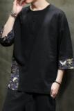 风2023大码拼接圆领盘扣五分袖宽松T恤4031-YM932-P45控55，男装T恤，电商A087-1