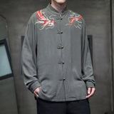 风亚麻铜扣透气长袖衬衫龙纹刺绣古装衬衣A087-1-YM717-P85，男装衬衫，电商A087-1