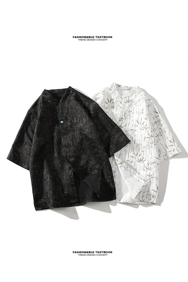 新中式石扣金竹提花短袖透气衬衫暗扣V领宽松衣A087-1-YM656P75,男装T恤,电商A087-1