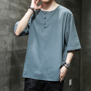 新中式风大码圆领盘扣五分袖宽松T恤男A087-1-YM905-P40 控50图片