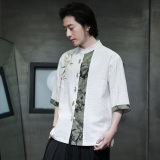 新中式竹扣竹叶刺绣棉麻五分袖提花面料古装衬衫A087-1-YM718-P75，男装T恤，电商A087-1