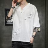 风2025仙鹤刺绣古风短袖薄V领盘扣T恤A087-1-YM907-P55控65，男装T恤，电商A087-1