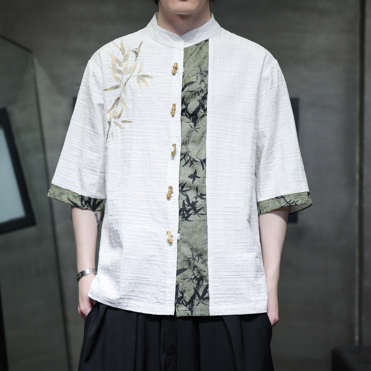 新中式竹扣竹叶刺绣棉麻五分袖提花面料古装衬衫A087-1-YM718-P75，男装T恤，电商A087-1