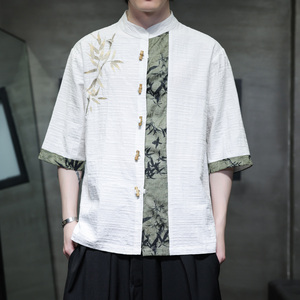 新中式竹扣竹叶刺绣棉麻五分袖提花面料古装衬衫A087-1-YM718-P75,男装T恤,电商A087-1