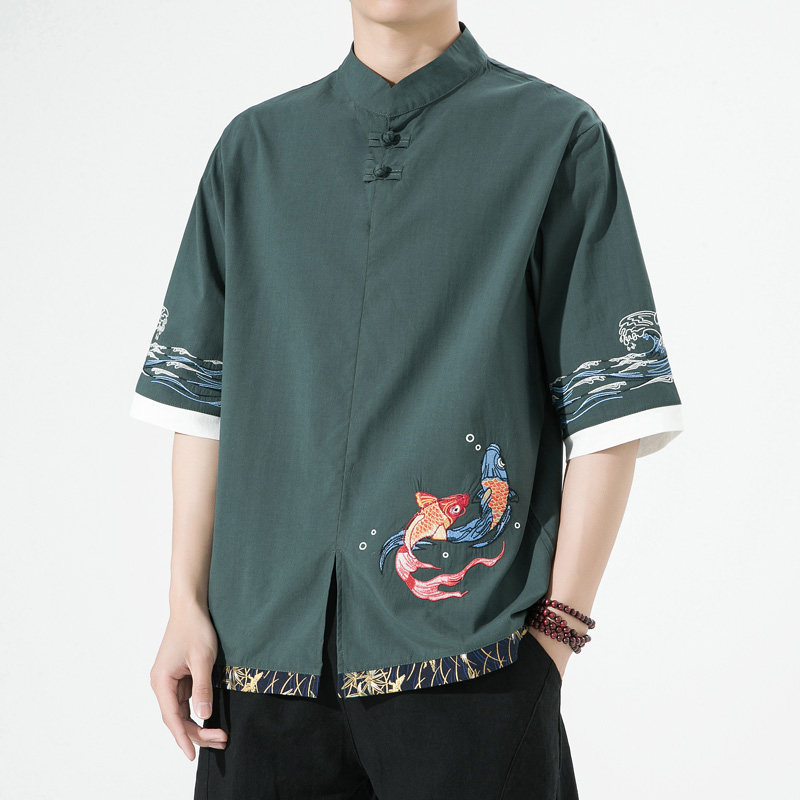 风春夏款锦鲤刺绣拼接盘扣五分袖宽松衬衫男A087-1-YM953-P65图片