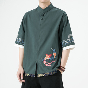 风春夏款锦鲤刺绣拼接盘扣五分袖宽松衬衫男A087-1-YM953-P65图片